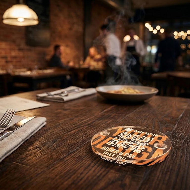 Acrylic disc with QR code and customizable text reverse or face printed. Pre drilled