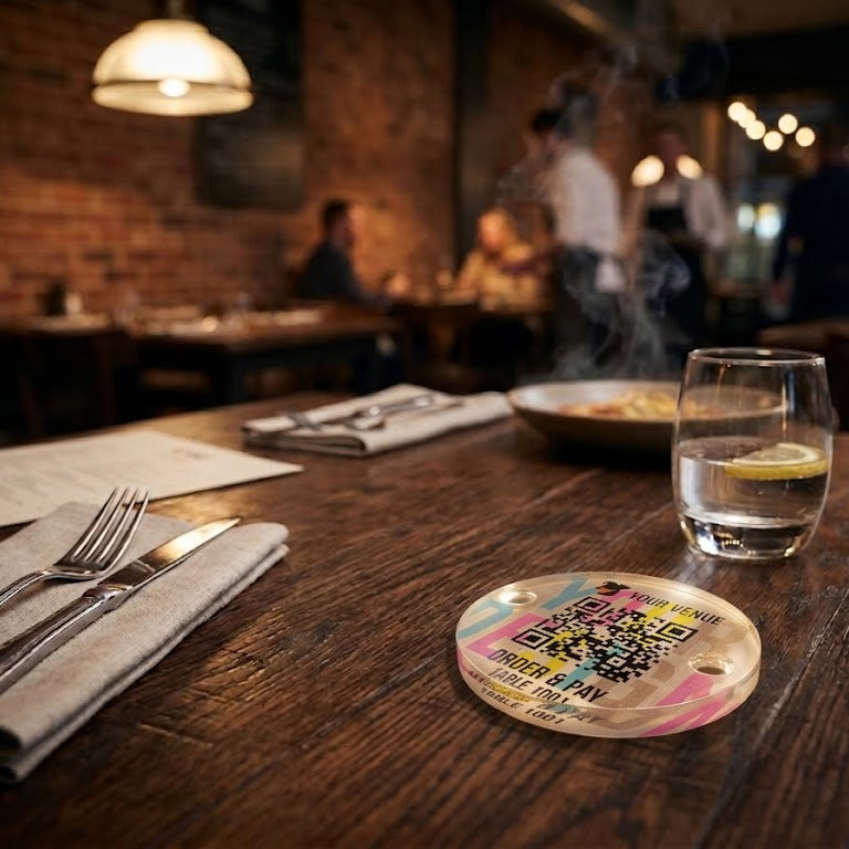 Acrylic disc with QR code and customizable text reverse or face printed. Pre dilled.