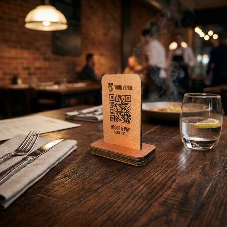 Engraved wooden QR code table stand with wooden base