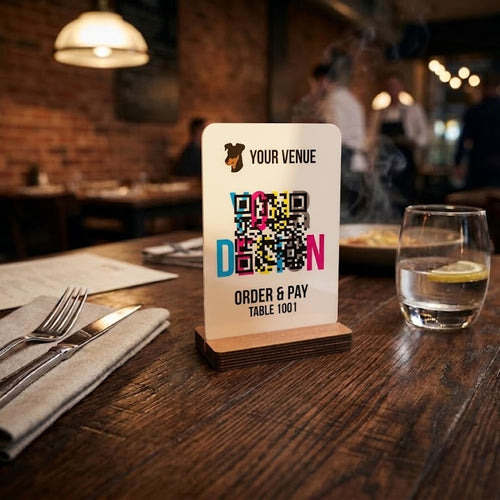 Printed A6 table stand graphic with wooden base.